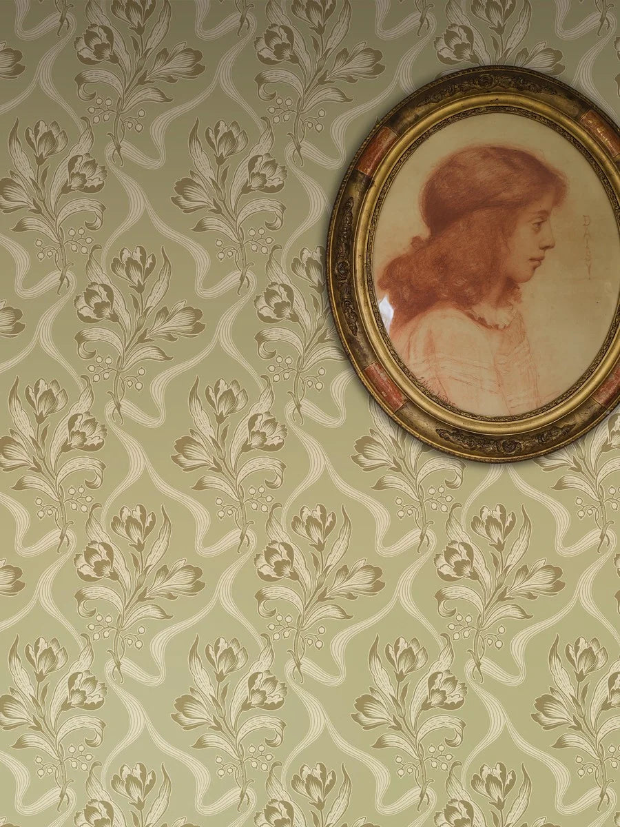 Bringing a breath of fresh air to the walls, our Jugendbukett wallpaper is colored in a pleasing palette of muted green.