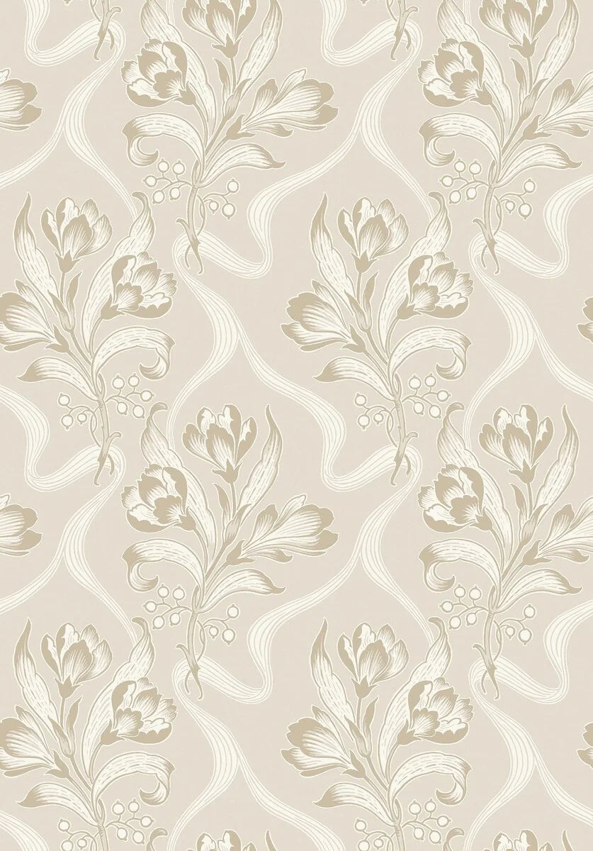 Printed in warm grey-beige tones accentuated with a subtle shimmer, our Jugendbukett wallpaper embodies the soft elegance of the Jugend era.