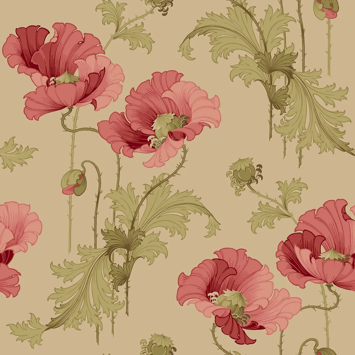 This Vallmo wallpaper features classic red poppies and green leaves on a soft beige background with ochre tones.