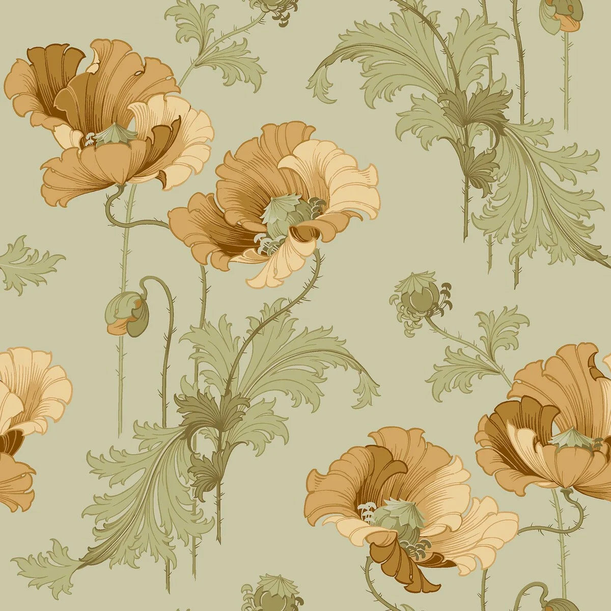 The stately poppies in this Vallmo wallpaper are colored in golden ochre and sandy yellow blooms on a soft green background