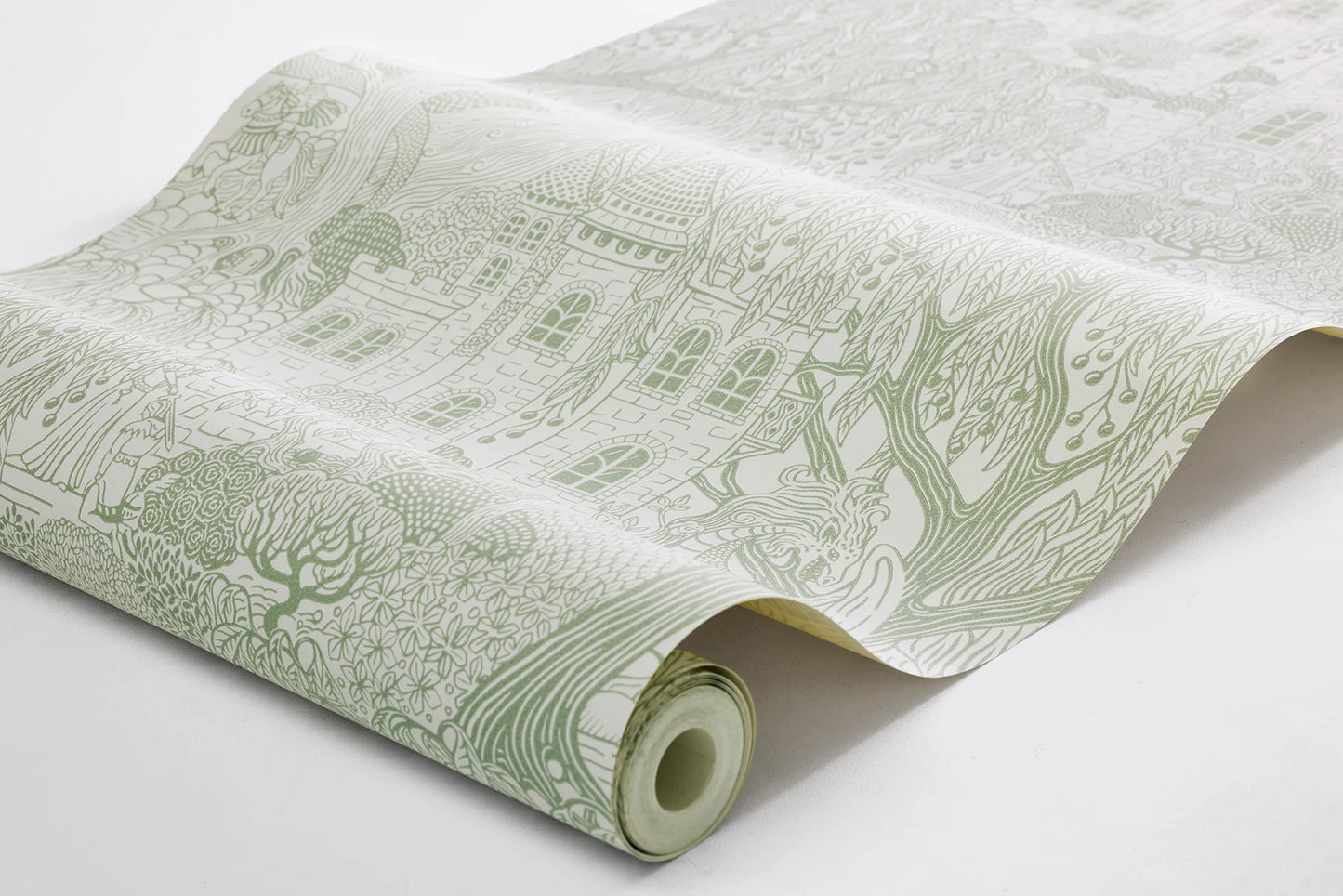 Featuring a charming fairy-tale, our Kingdom of the Willow wallpaper is colored in a fresh green hue on an eggshell-white background.