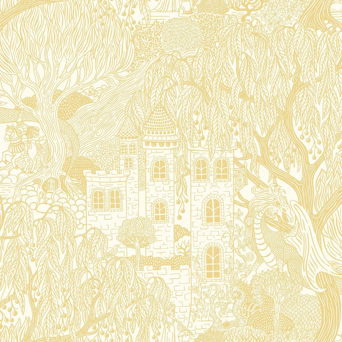 Warm and joyful, our Kingdom of the Willow wallpaper is colored in yellow tones on an eggshell-white background.