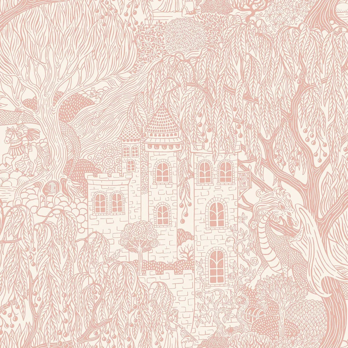A fairy-tale scene unfolds in our Kingdom of the Willow wallpaper colored in soft warm pink on an eggshell-white background.