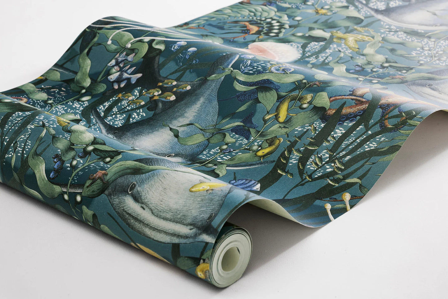 An enchanting underwater scene unfolds in our Underwater Magic wallpaper set on a midnight blue background with rich multi-colored detailing.