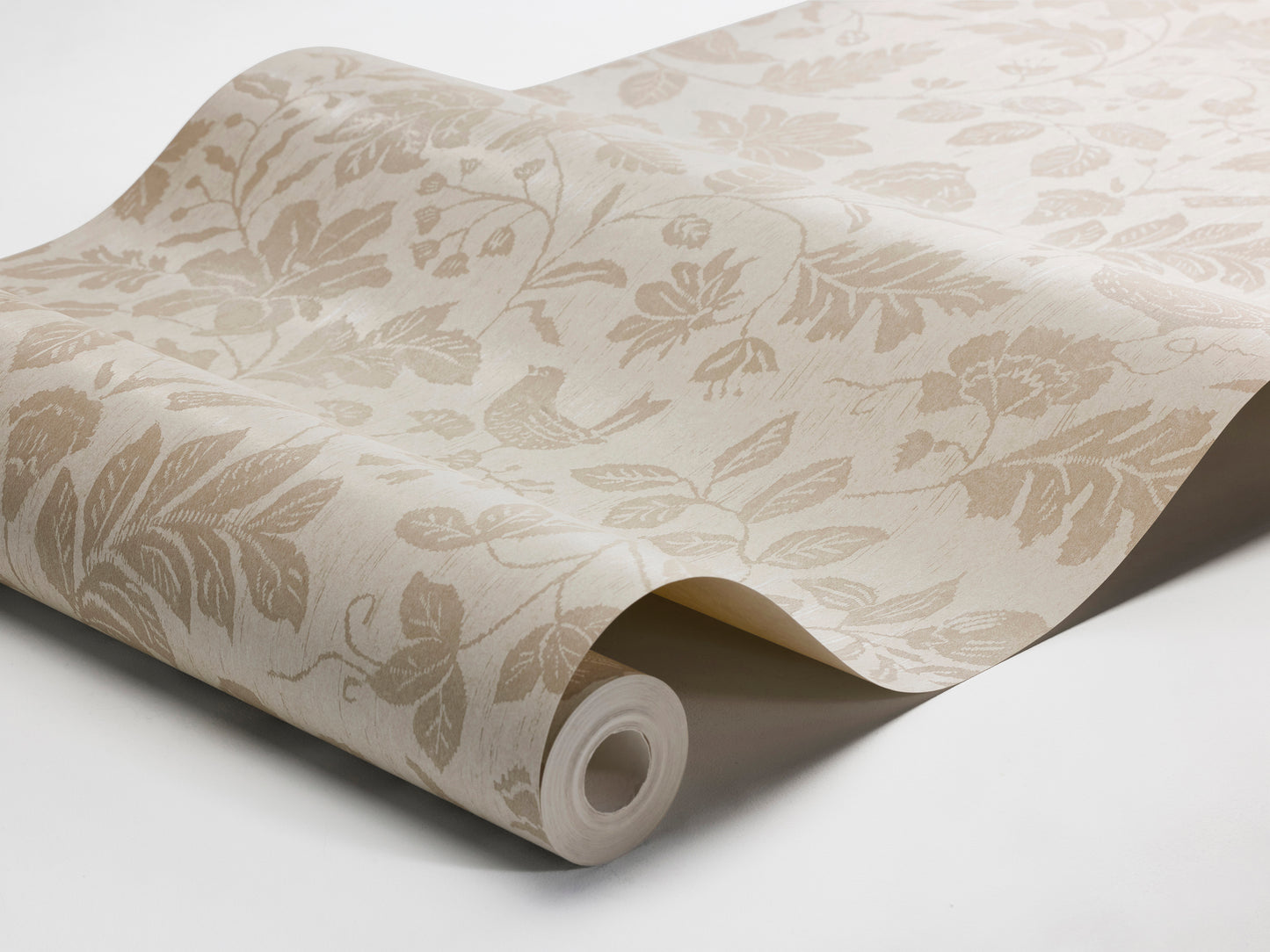 Our Isidor wallpaper depicts delicate birds nestled among graceful florals and leafy branches.