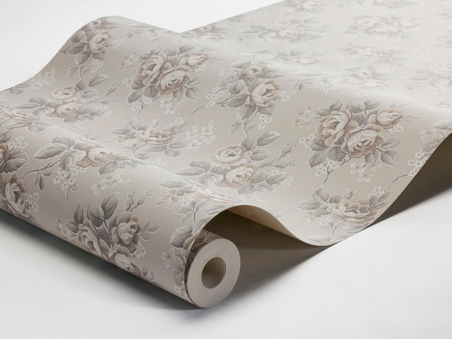 Colored in soothing tones of beige, soft grey-green, and white, our Helena wallpaper features blooming rose bouquets.