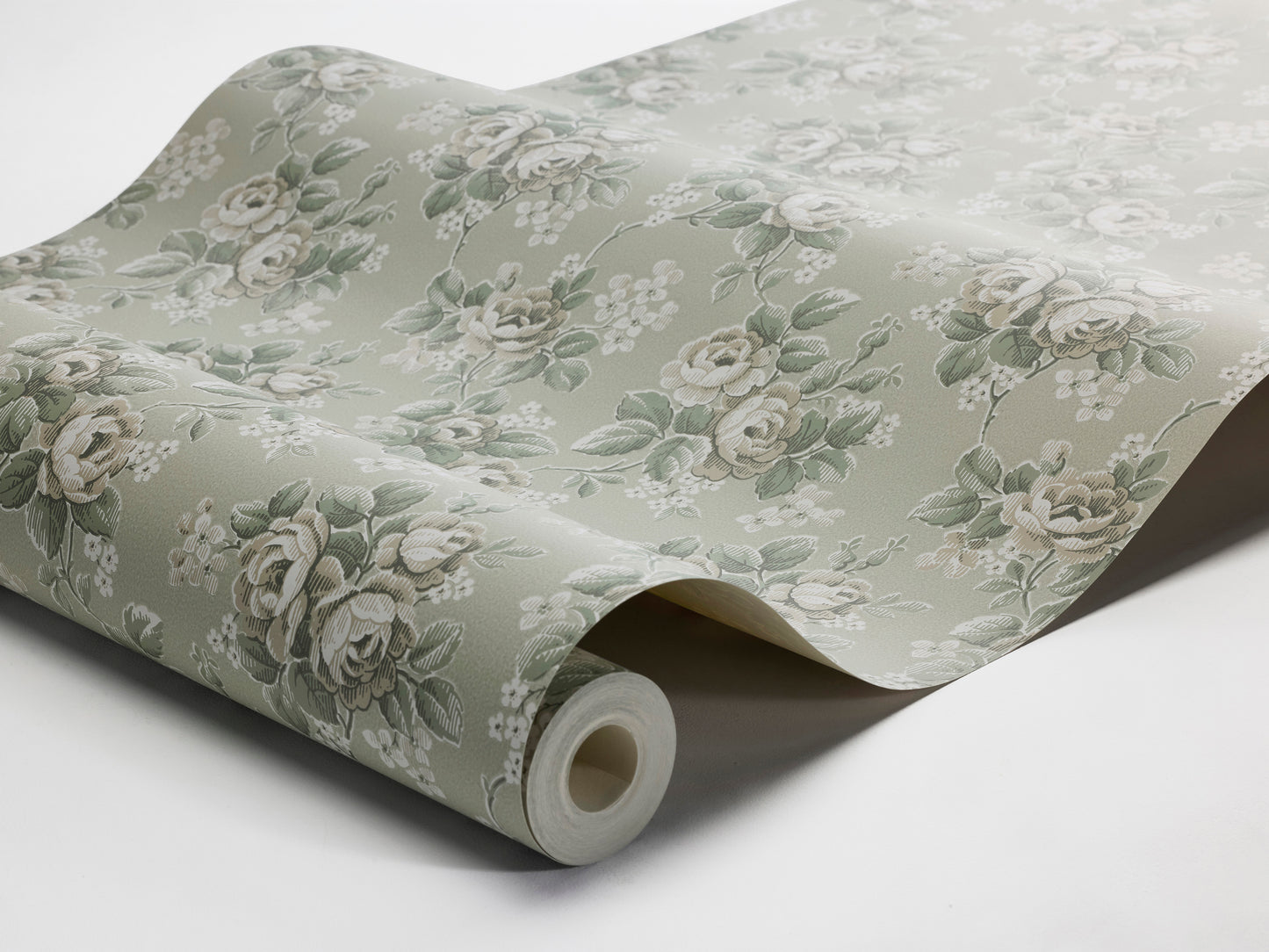 Set on a light linden-green background, our Helena wallpaper displays blooming climbing roses alongside small white flowers in tones of beige, green, and white.
