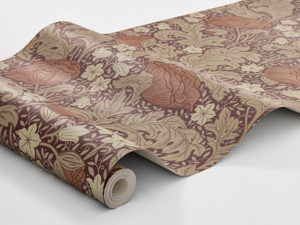 Blomdansen is a large-floral wallpaper with a dense, winding pattern of pale bluebells and lush peony poppies.