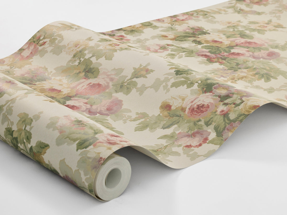 Lavish bouquets of densely petalled roses and winding bindweed adorn the Floral vintage wallpaper Sweet Dream Rose.