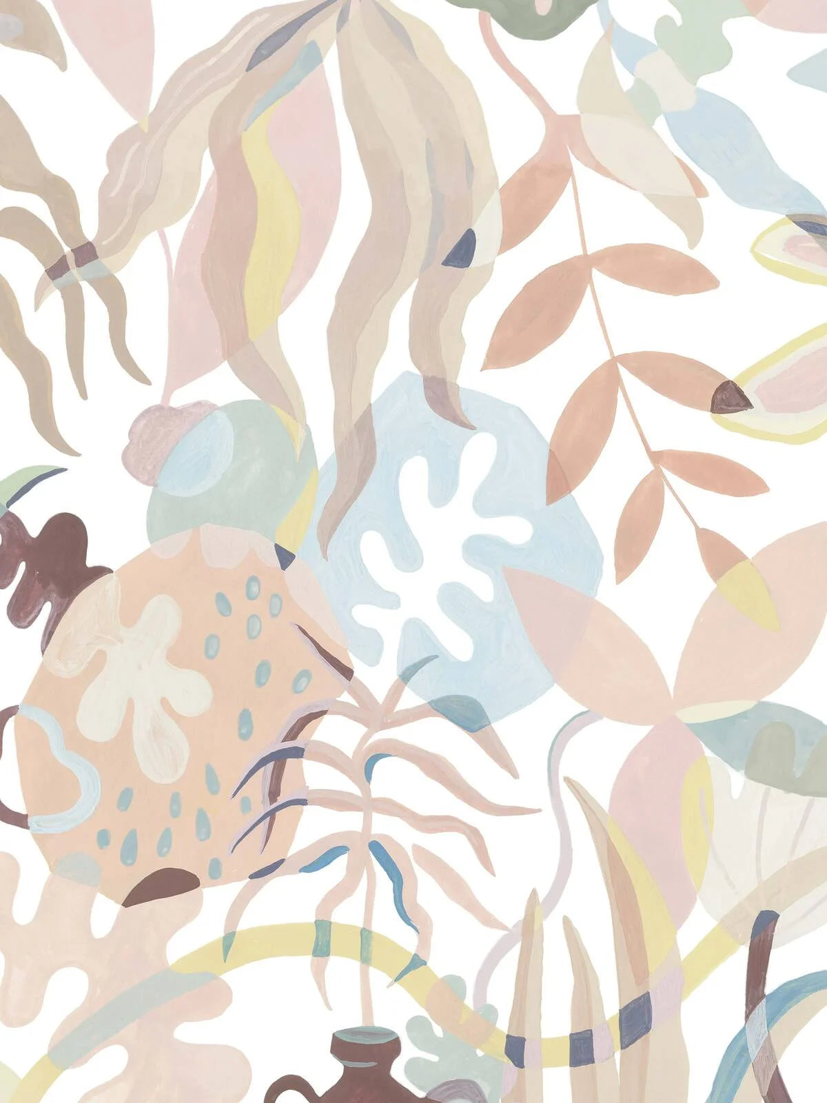 The harmonious Gingerlily wallpaper depicts a hand-painted fantasy tree in soft pastel shades, drawing inspiration from 20th-century Scandinavian artists.