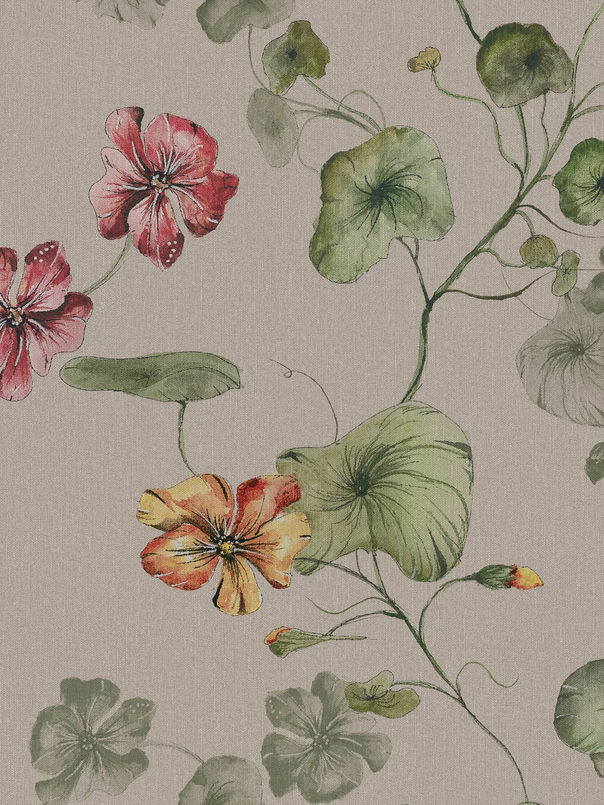 On the floral wallpaper Trädgårdskrasse, nasturtium climbs in a joyful, vibrant pattern, hand-painted by My Feldt.