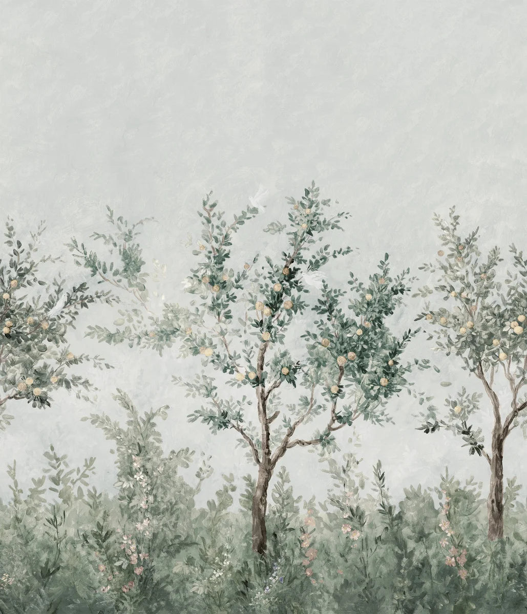 Lydia's Garden wallpaper offers a lush, hand-painted garden view with blooming bushes and white birds in laden fruit trees.