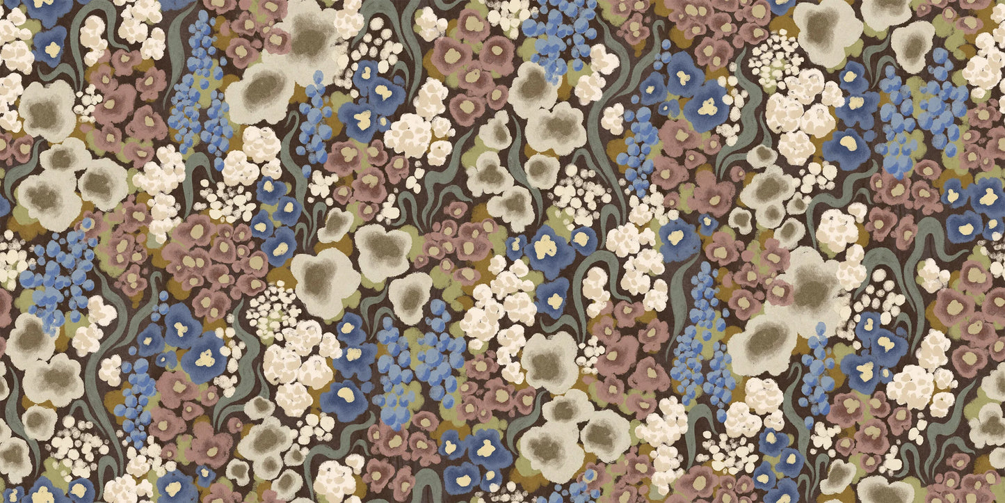 The modern floral wallpaper Colorful Flower showcases a dense pattern of stylized flowers and leaves in a muted yet intriguing color scheme: gray-green foliage with flowers in various shades of blue, rust pink, cream white, brown, and beige on a dark brown background.