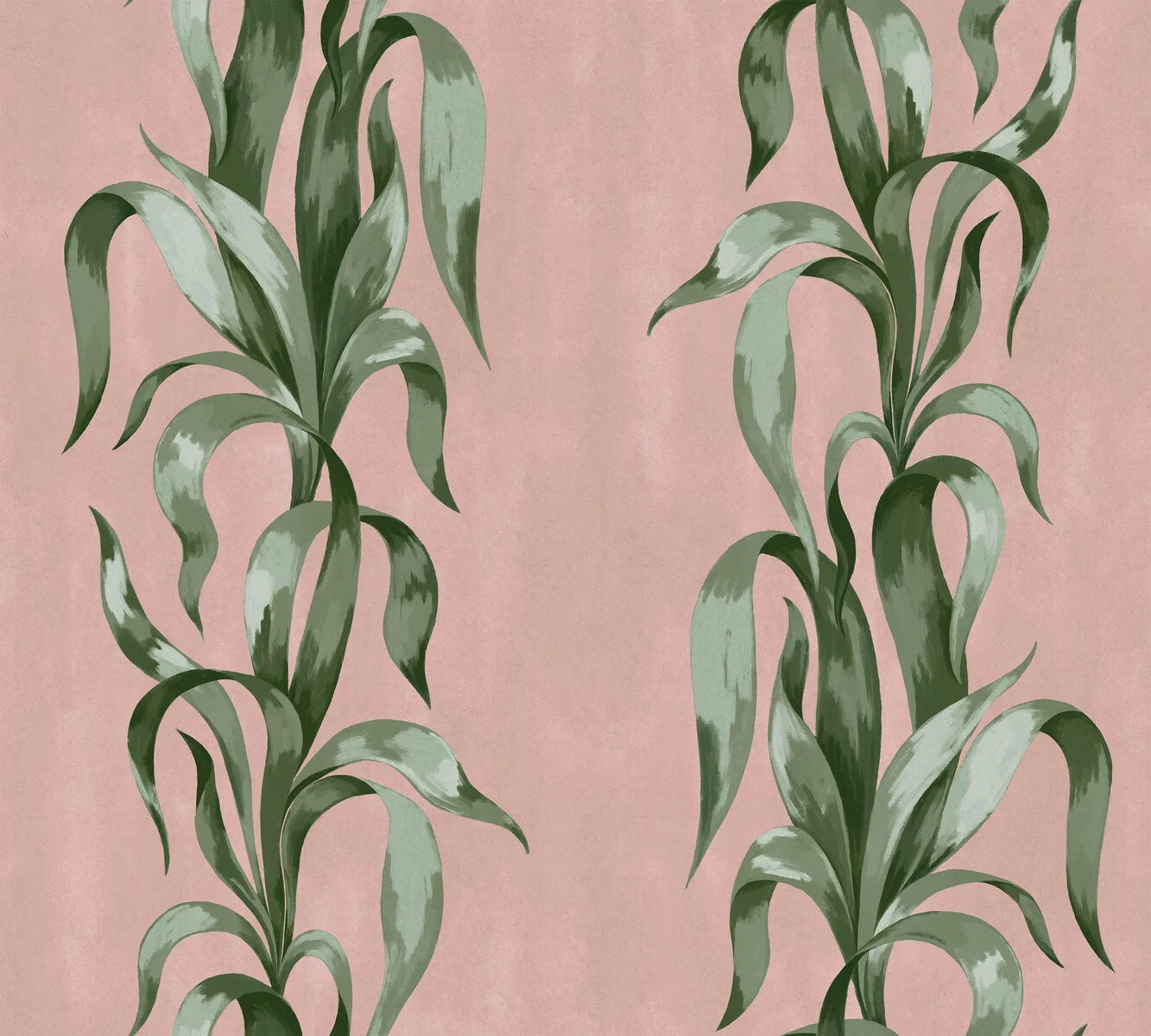 On the Agave wallpaper, bold, beautifully patterned leaves reach up toward the ceiling – like stripes in motion.