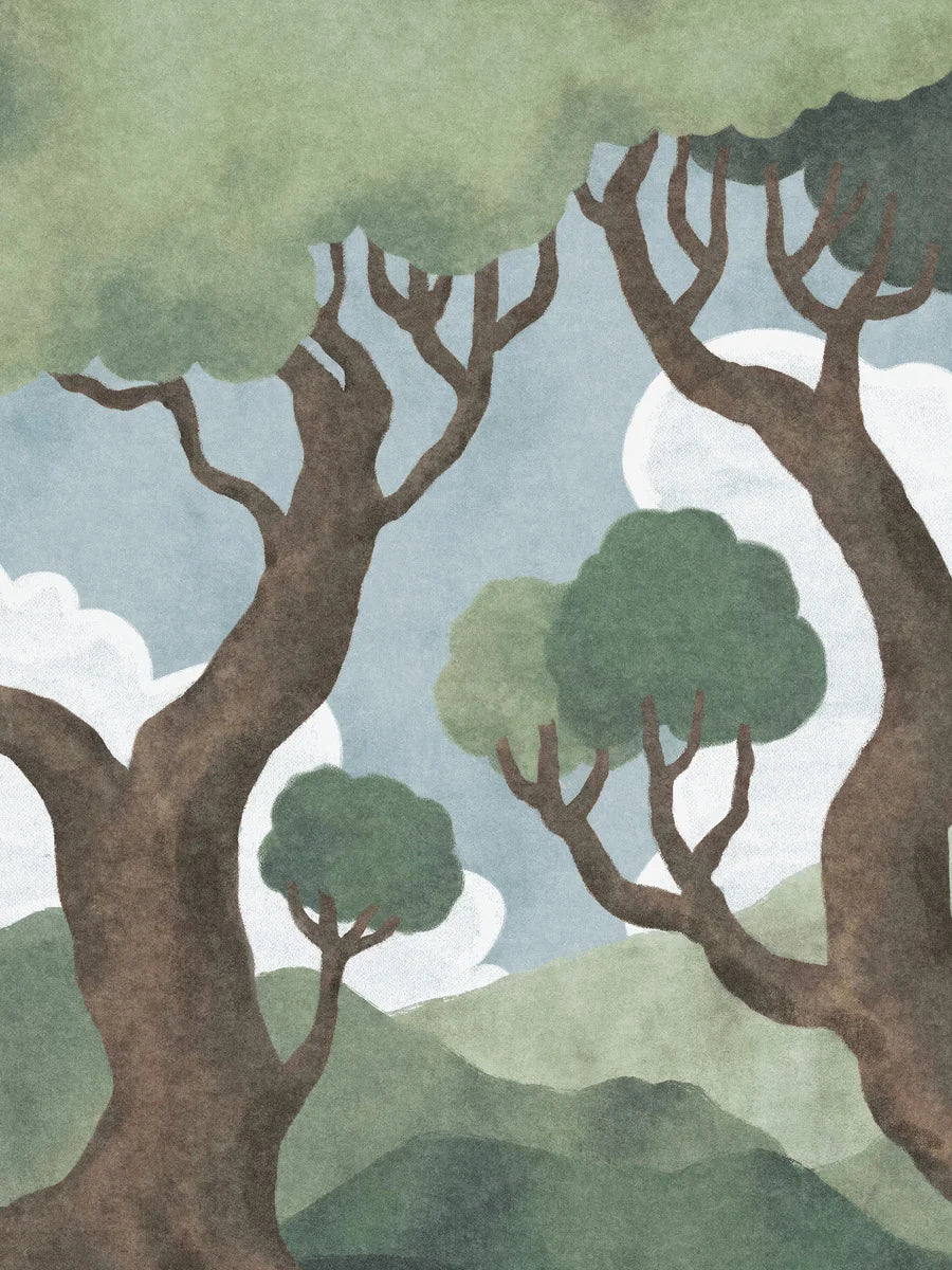 On the children's wallpaper In the Forest, sculptural trees with lush green canopies reach toward the blue sky.