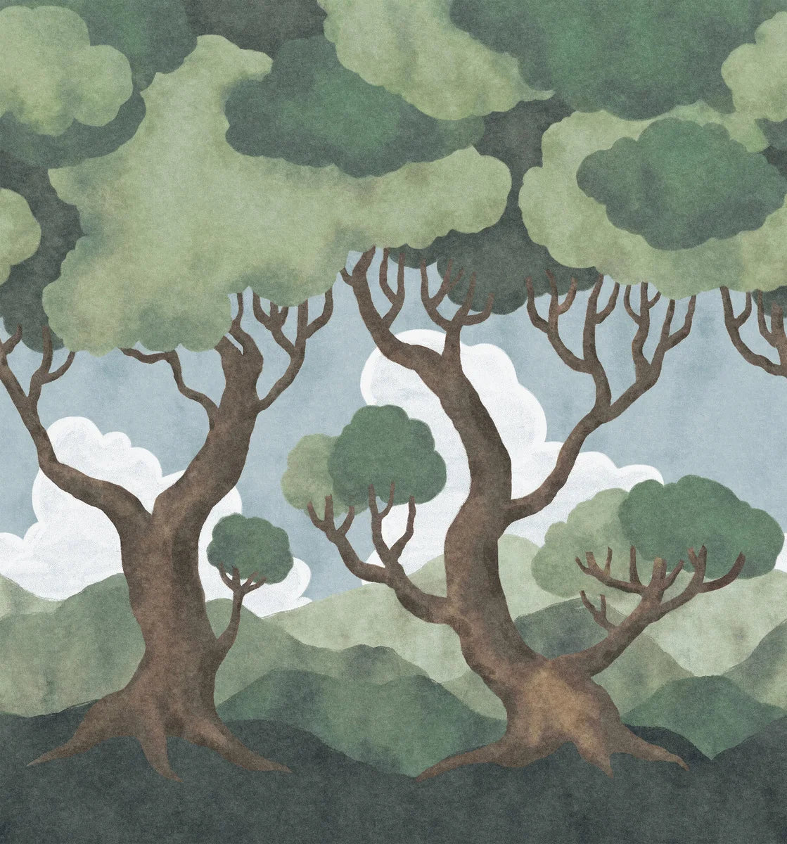 On the children's wallpaper In the Forest, sculptural trees with lush green canopies reach toward the blue sky.