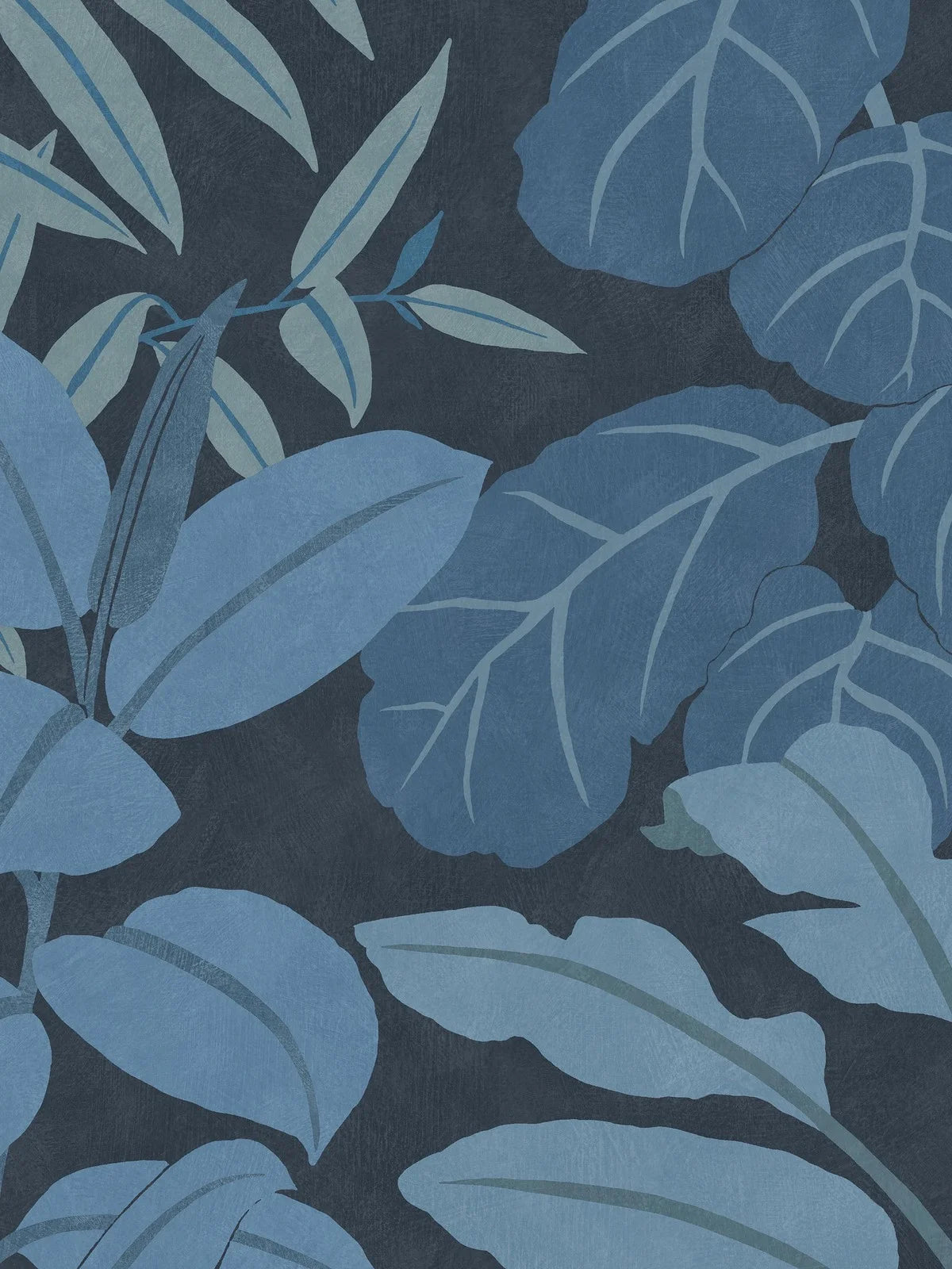 Grand Leaves is a lush, graphic wallpaper full of beautiful depth. The large-scale design features layer upon layer of stylized leaves in soothing blue tones, stretching from floor to ceiling.
