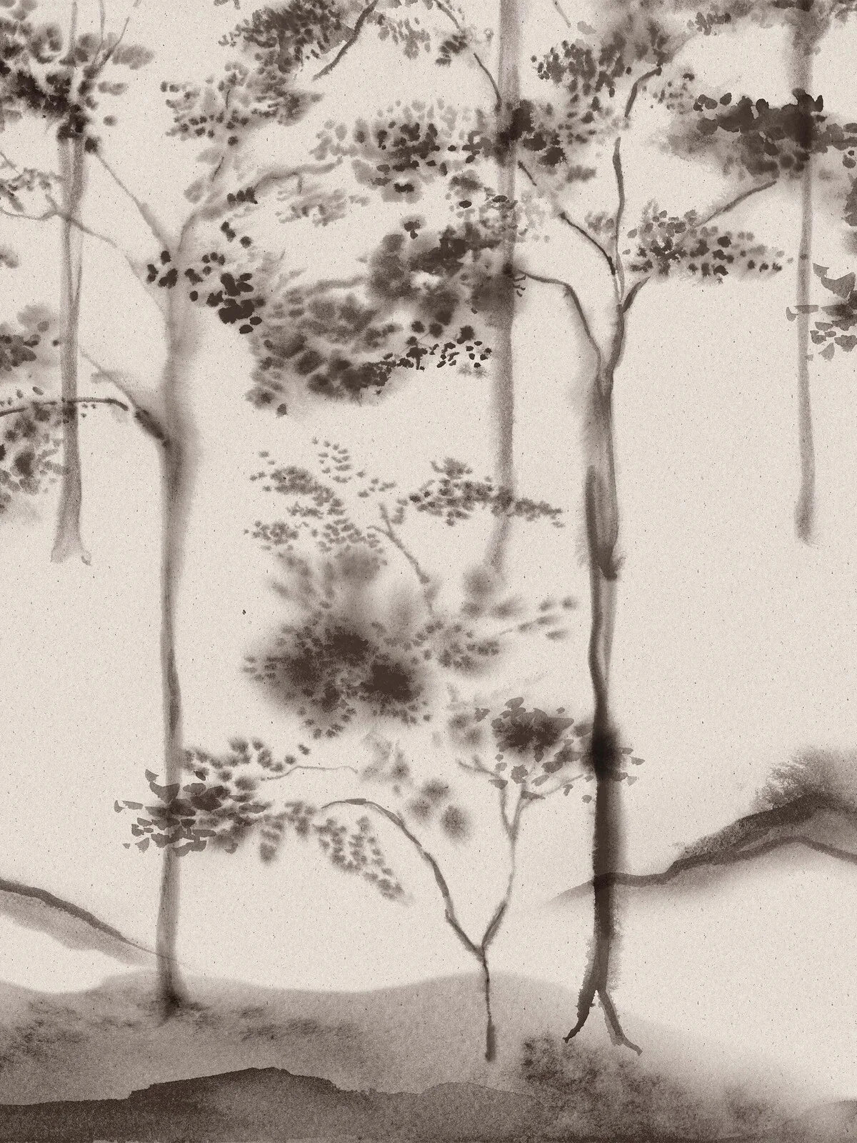 Here, Ink Forest is shown in a gentle greyscale palette on a light base. The design is printed custom fit to your wall.