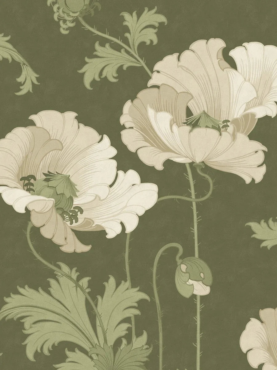 This Vallmo mural wallpaper is adorned with large, warm white flowers with fresh green leaves, buds and seed pods on a deep dark green background.