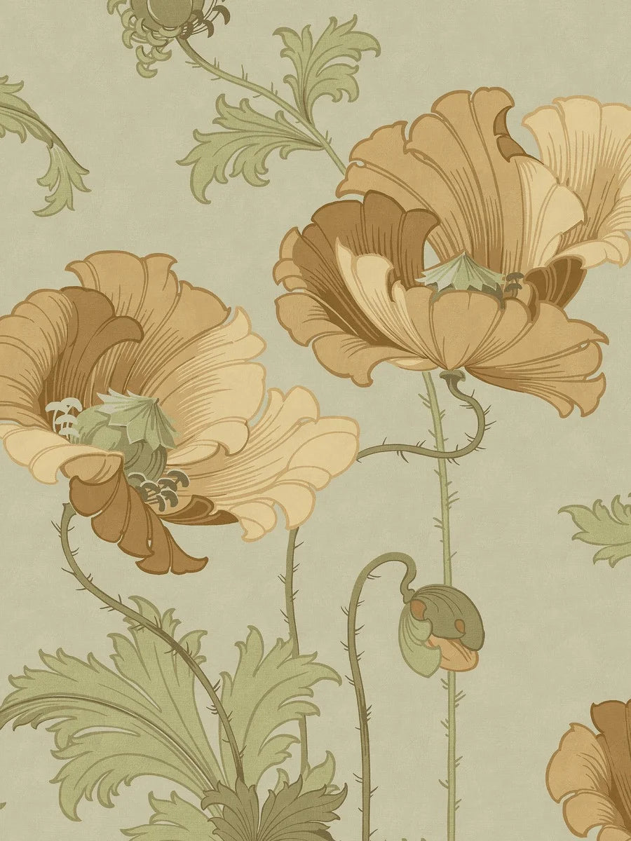 This Vallmo mural wallpaper has gentle palette with its sandy yellow and ochre poppy flowers, and green foliage spreading across a light green background.