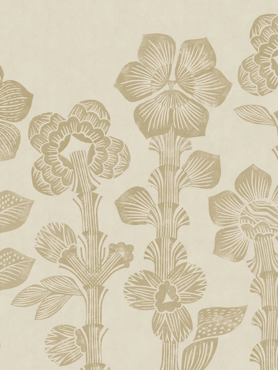 Storflax is a bright, playful mural wallpaper featuring a graphic pattern of pale yellow fantasy flowers stretching from the floor to the ceiling over a lightly textured, warm beige base.