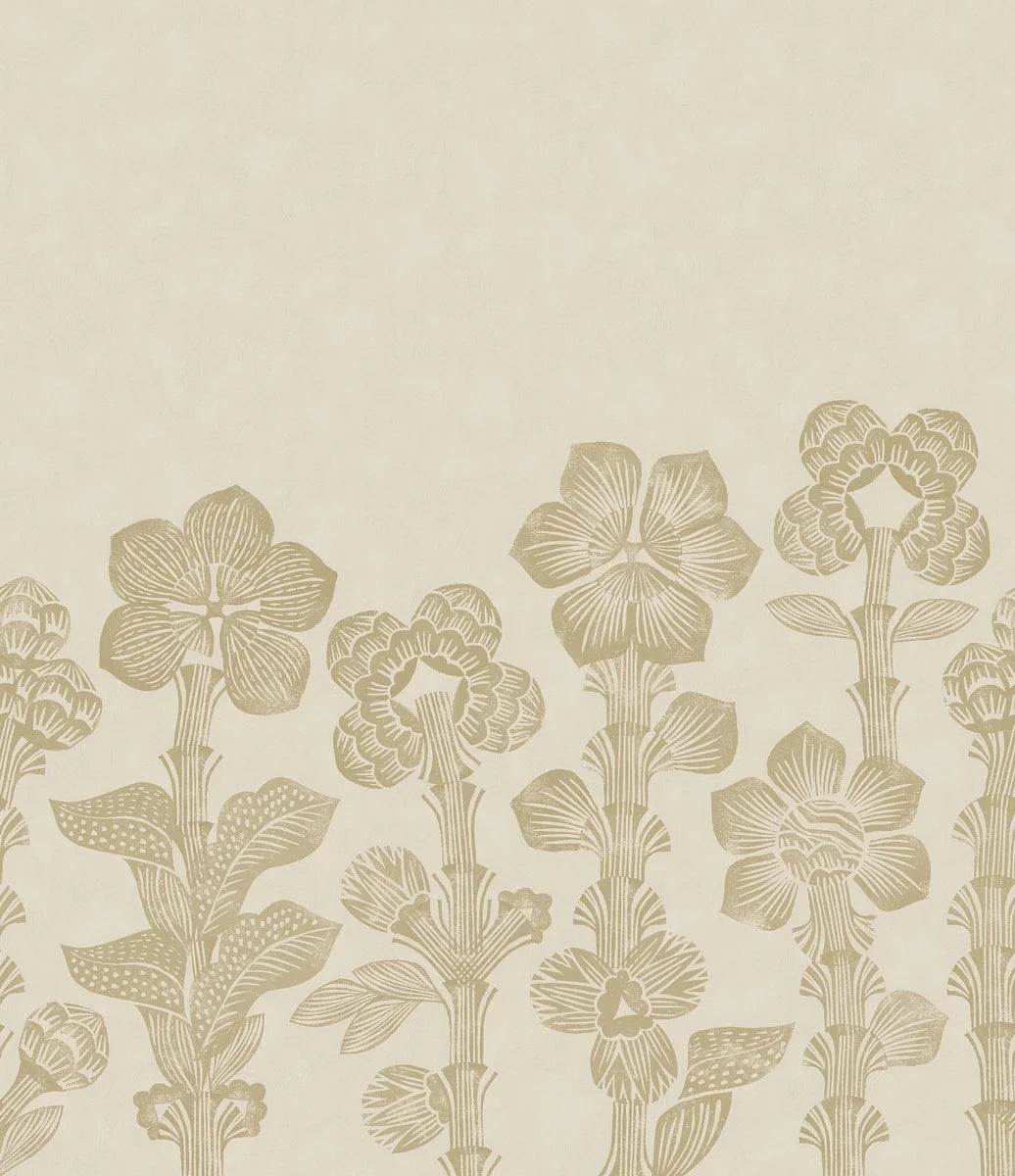 Storflax is a bright, playful mural wallpaper featuring a graphic pattern of pale yellow fantasy flowers stretching from the floor to the ceiling over a lightly textured, warm beige base.