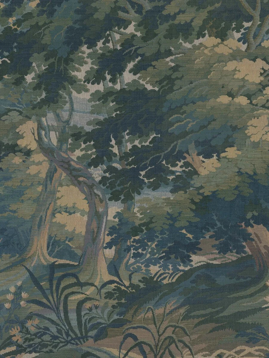 The large-scale tapestry wallpaper Tapestry Landscape feels both classic and modern with its softly undulating landscape featuring lush trees, swaying grasses, and delicate wildflowers.