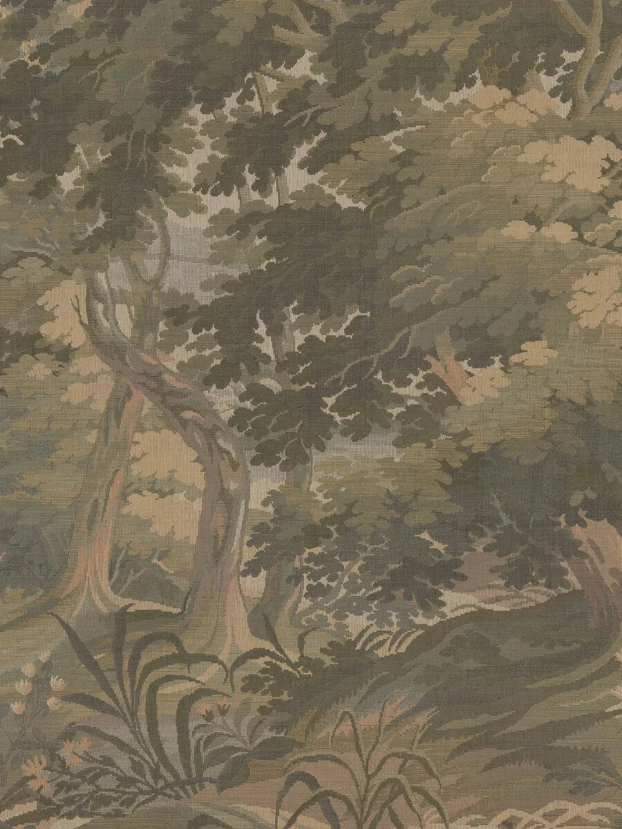 A rolling landscape with stunning depth stretches across the Tapestry Landscape mural – from delicate foreground flowers to lush tree canopies and hazy blue hills in the distance.