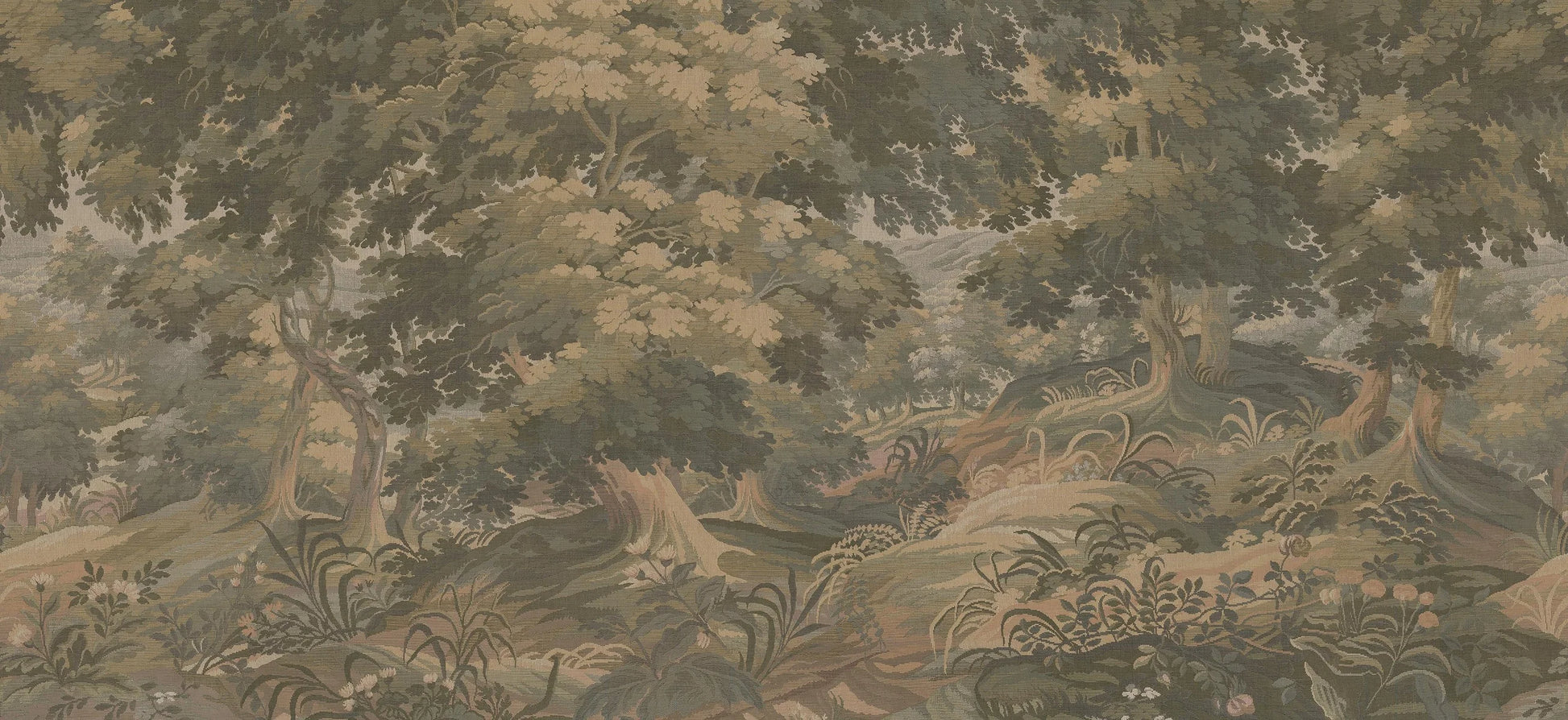 A rolling landscape with stunning depth stretches across the Tapestry Landscape mural – from delicate foreground flowers to lush tree canopies and hazy blue hills in the distance.