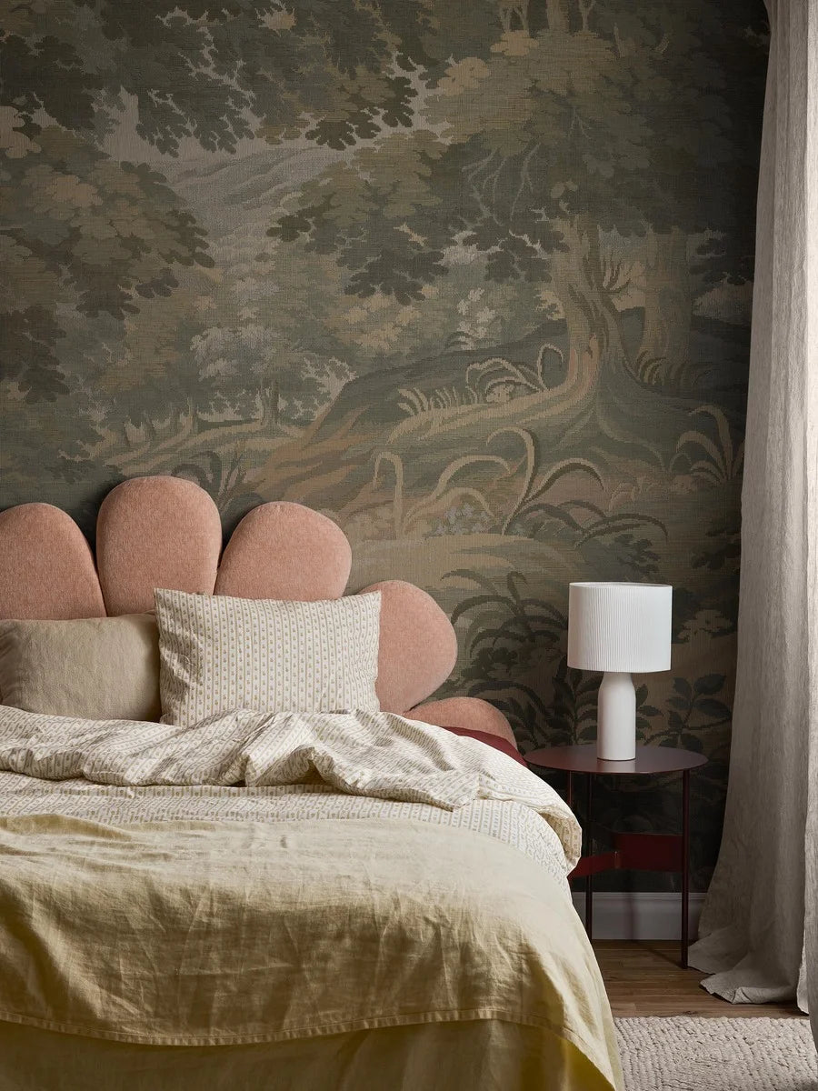 A rolling landscape with stunning depth stretches across the Tapestry Landscape mural – from delicate foreground flowers to lush tree canopies and hazy blue hills in the distance.