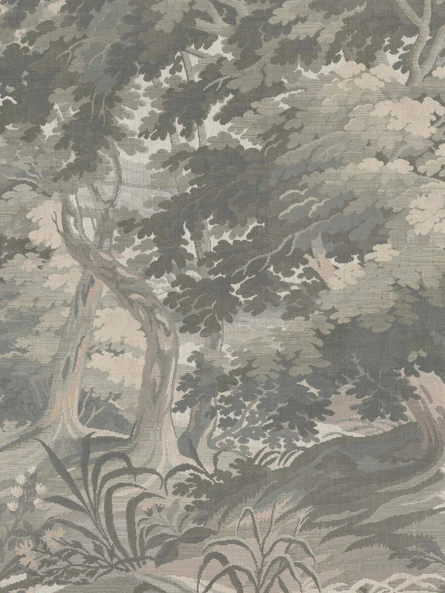The mural wallpaper Tapestry Landscape resembles a grand tapestry, depicting a rolling landscape with swaying grass and delicate wildflowers beneath lush tree canopies.