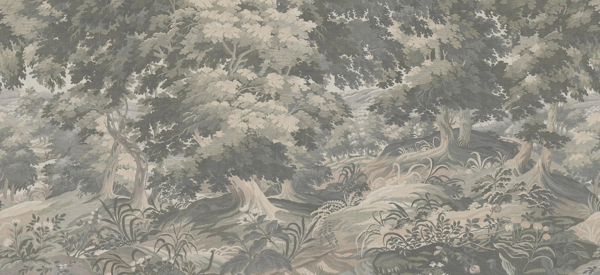 The mural wallpaper Tapestry Landscape resembles a grand tapestry, depicting a rolling landscape with swaying grass and delicate wildflowers beneath lush tree canopies.