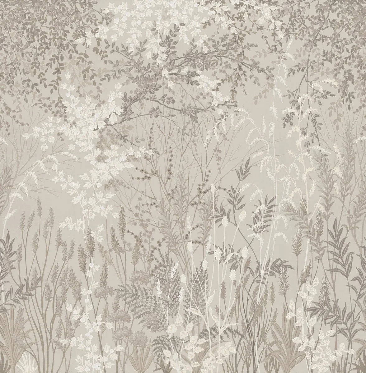 The mural wallpaper Hawthorn features a nature-inspired design with a soft, slightly dreamy feel.