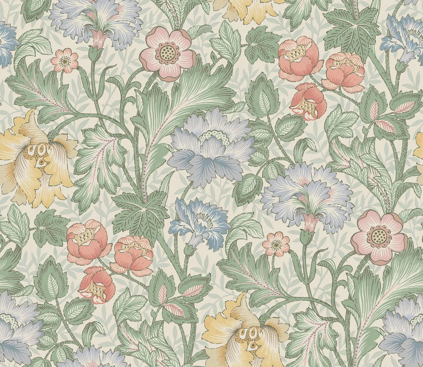 Featuring florals in bright and lovely red, yellow, blue and purple shades and foliage in soft green tones, our Jane wallpaper brings to the mind the sweet scents and sights of an English spring day.