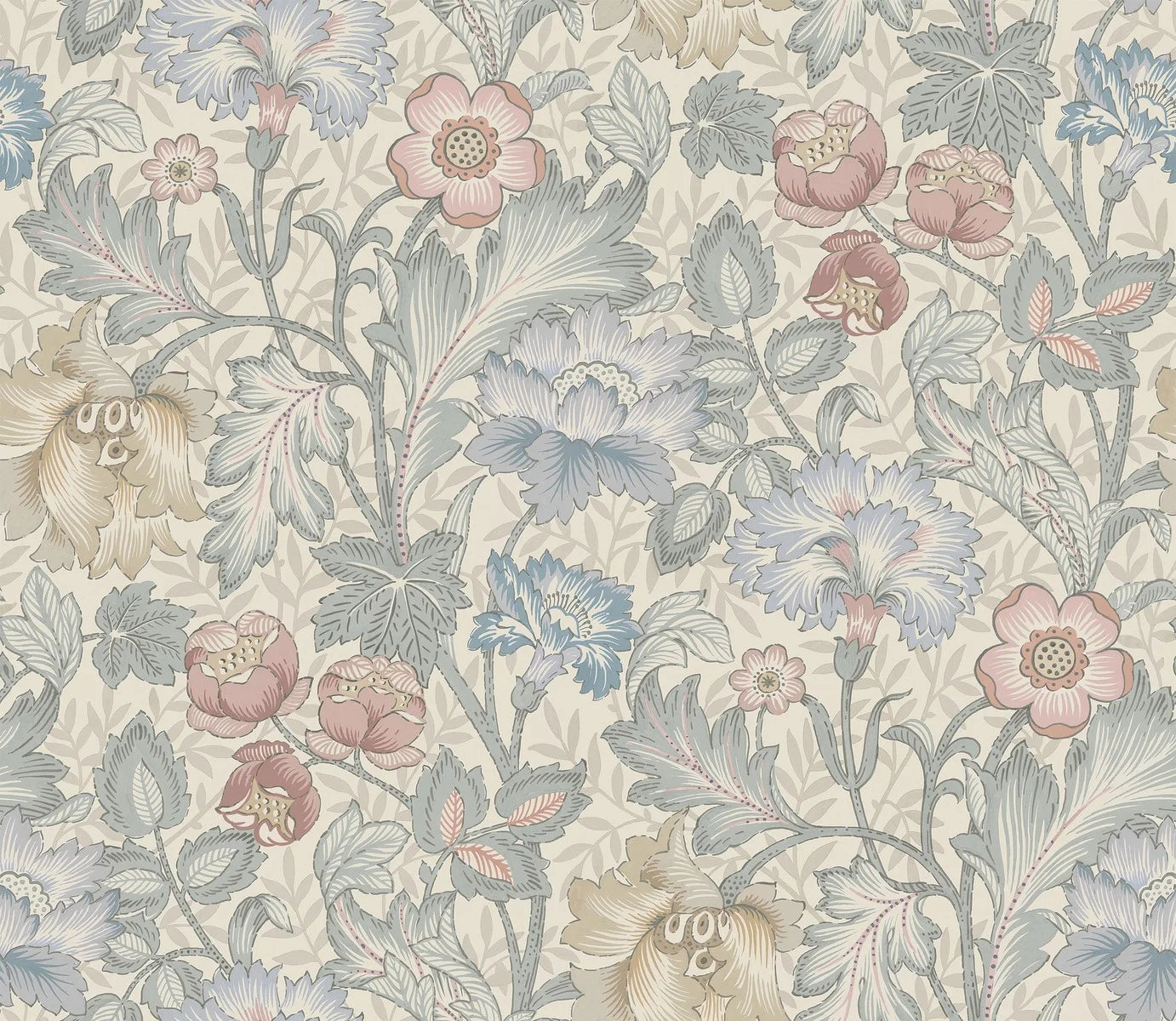 Featuring florals in muted shades of blue, yellow and red set on a soft, light grey-beige background, our Jane wallpaper is sophisticated and elegant yet full of cosy expression.