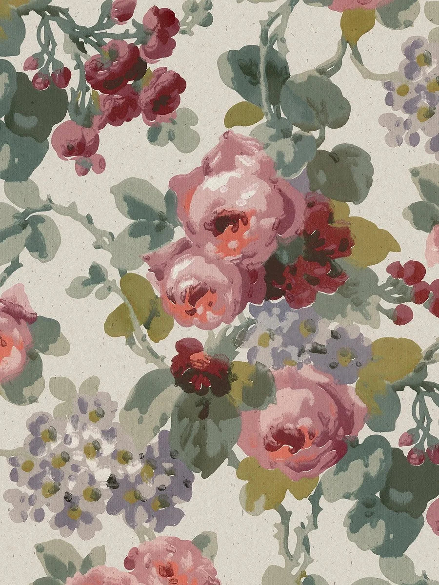 Colored in a palette of red, pink and green on a warm neutral background, our Madame wallpaper evokes the scent and warmth of a summer garden.