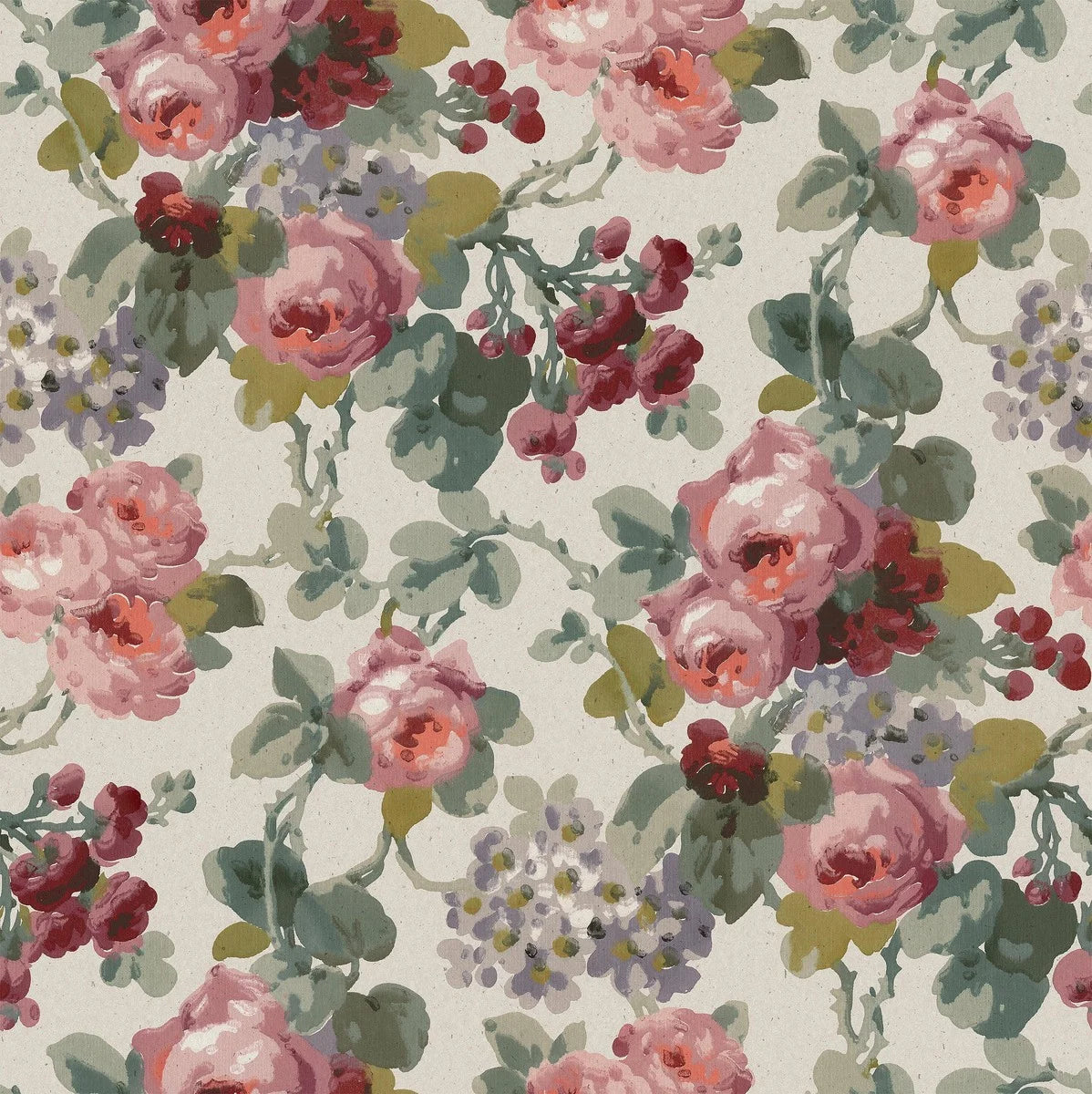 Colored in a palette of red, pink and green on a warm neutral background, our Madame wallpaper evokes the scent and warmth of a summer garden.