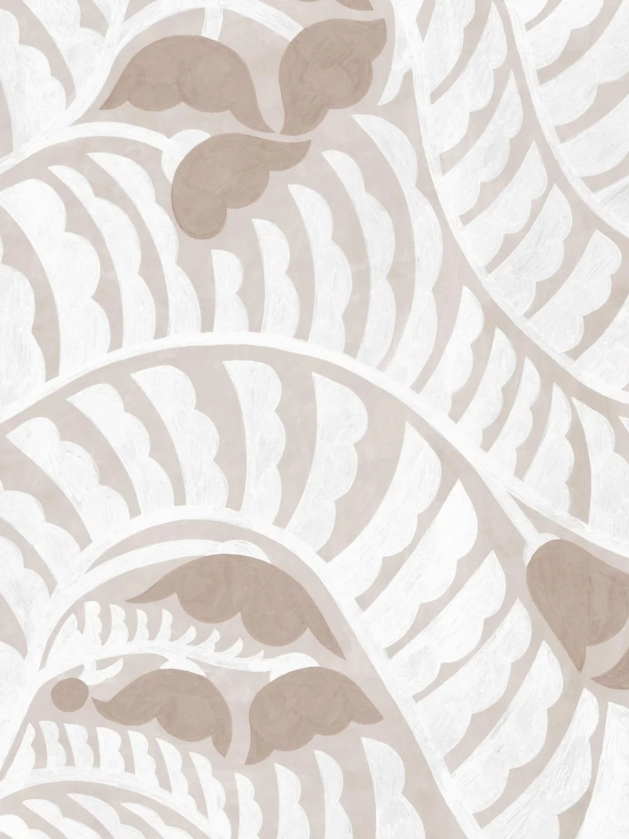 The light, graphic Garden Bell wallpaper is covered from floor to ceiling in a flowing, abstract pattern – like a meandering walk along winding gravel paths and blooming gardens