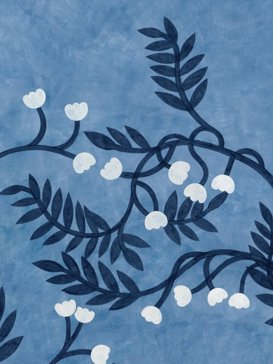 The Whispering Bell mural wallpaper is adorned with a sculptural pattern of stems and leaves, with small delicate flower bells appearing here and there in contrasting colors