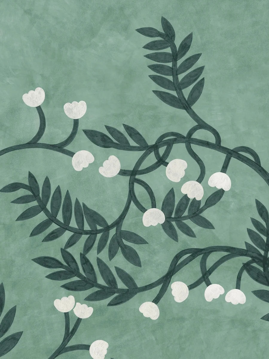 The Whispering Bell mural wallpaper is covered in winding branches with beautifully cut leaves and sweet little flower bells