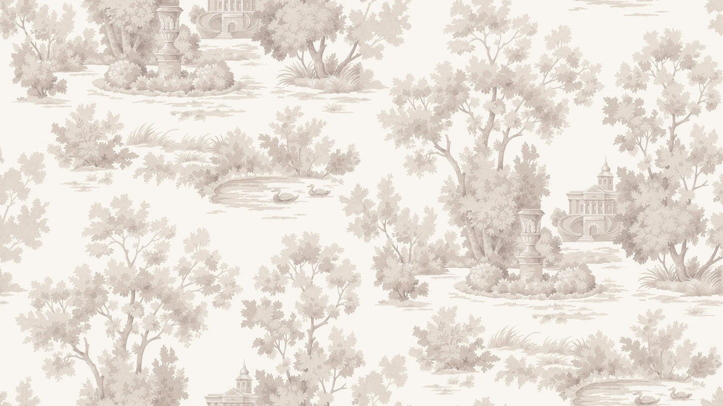 Grisaille is a light, decorative wallpaper with a stylized landscape motif in grey-beige tones on a white background.