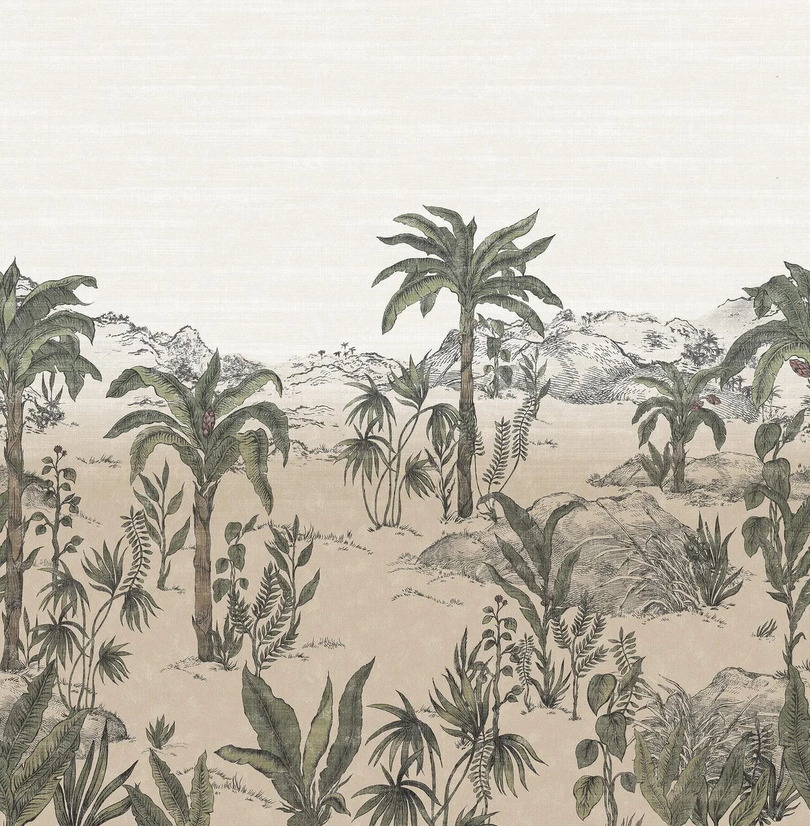 The desert landscape of Palmier Sauvage is hand-painted and then digitally printed, custom fit to your wall.