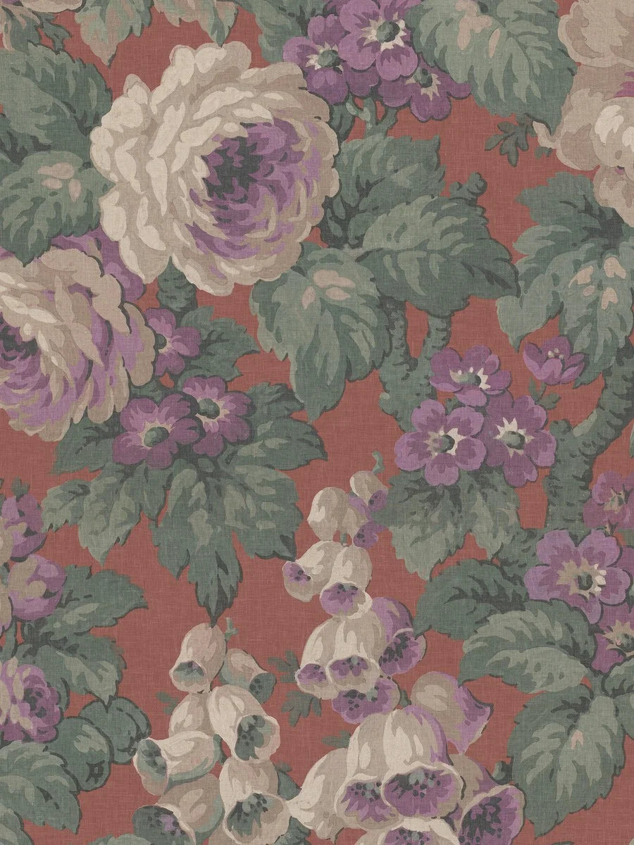 The large-flowered wallpaper Rose Magnifique is covered in roses, foxgloves, and other blooms in a lively, lush pattern