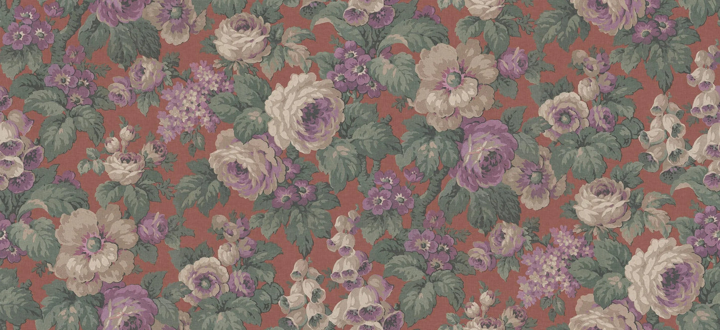 The large-flowered wallpaper Rose Magnifique is covered in roses, foxgloves, and other blooms in a lively, lush pattern