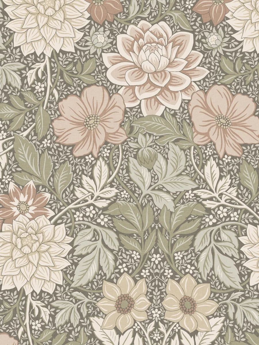This wallpaper is a tribute to the lush late-summer flowerbed – a hand-painted design of magnificent dahlias and delicate foliage. 