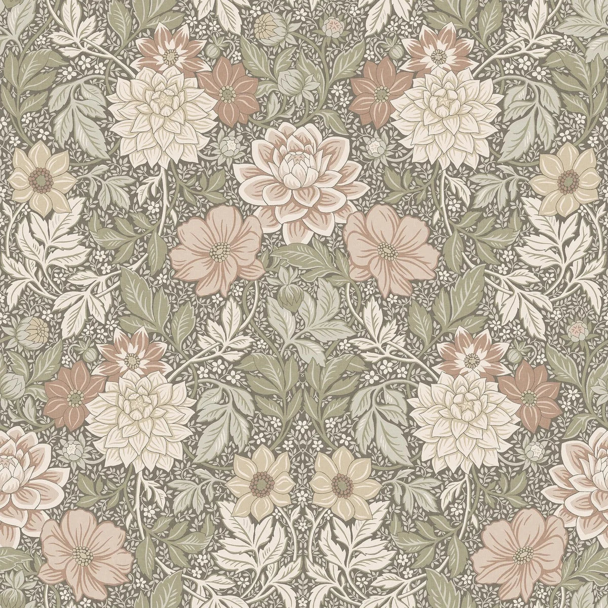 This wallpaper is a tribute to the lush late-summer flowerbed – a hand-painted design of magnificent dahlias and delicate foliage. 