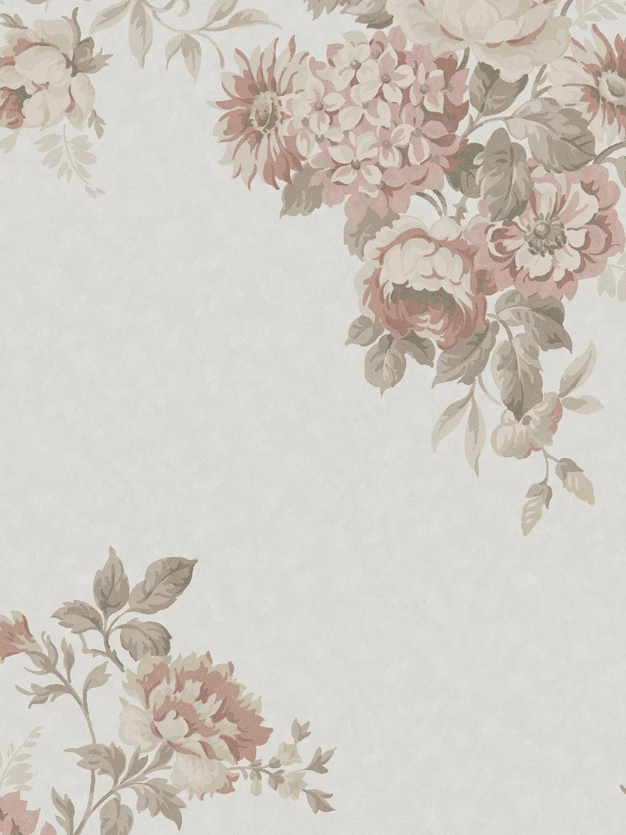 Hortensia Grand is a magnificent mural wallpaper where hydrangea, dahlia, and rose intertwine in a hand-painted pattern.