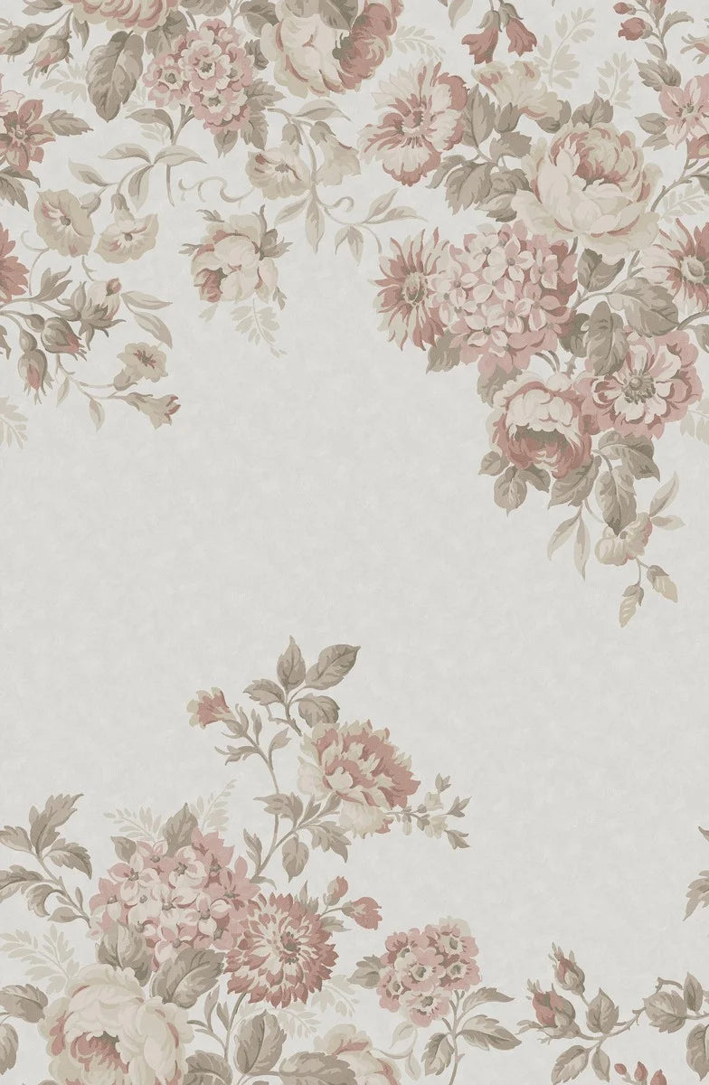 Hortensia Grand is a magnificent mural wallpaper where hydrangea, dahlia, and rose intertwine in a hand-painted pattern.
