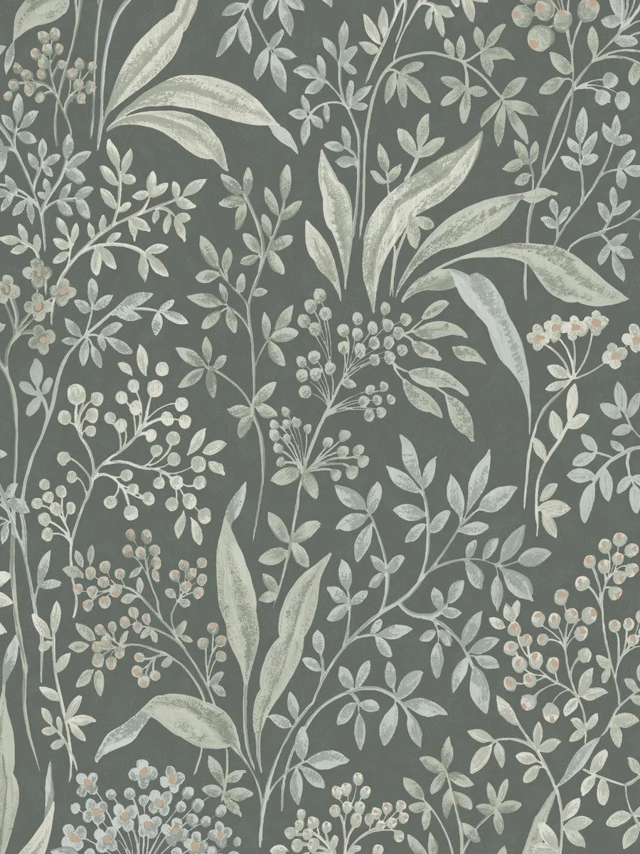 Nocturne Grand is a mural wallpaper featuring winding leaves, small flowers, and seed pods – a large-scale pattern softened by the chalk-like surface of the background.