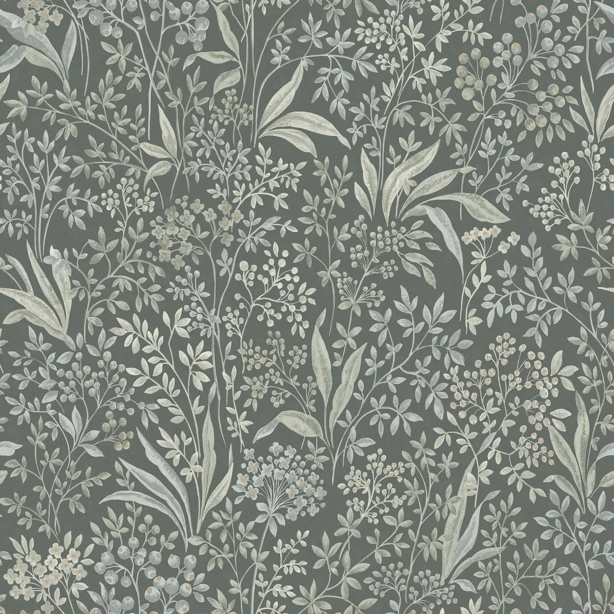 Nocturne Grand is a mural wallpaper featuring winding leaves, small flowers, and seed pods – a large-scale pattern softened by the chalk-like surface of the background.